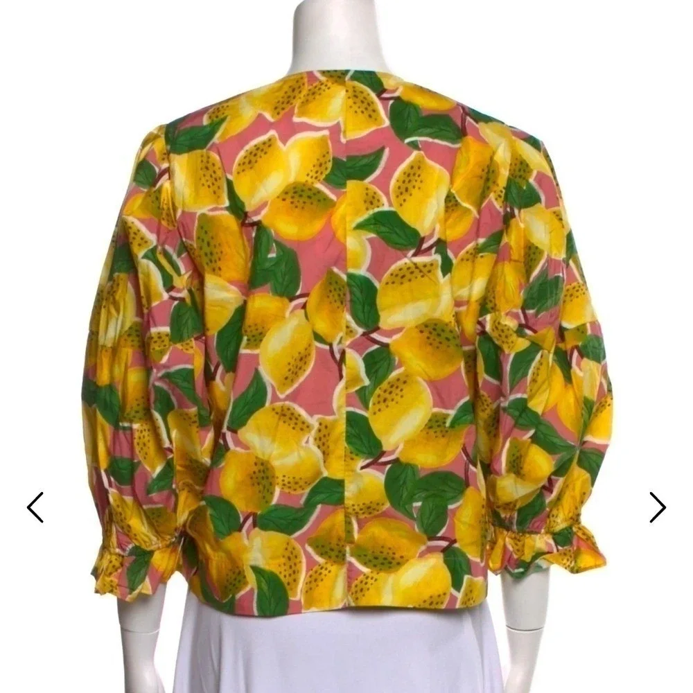 Farm Rio Fresh Lemons Puff Sleeves Shirt Womens Small Yellow Tropical Boho NWT